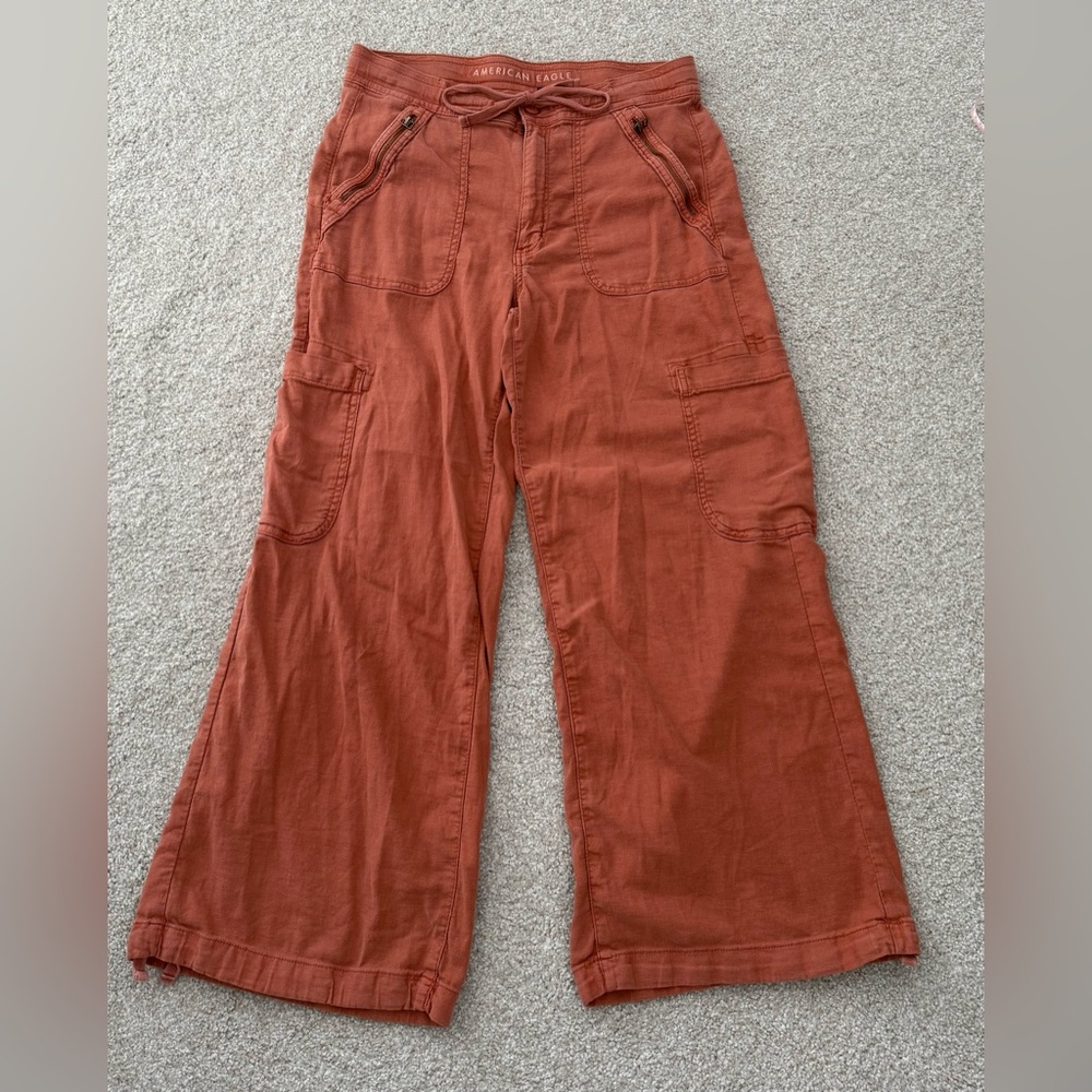 American Eagle Dreamy Drape Linen Blend Wide Leg Cargo Pants 12S